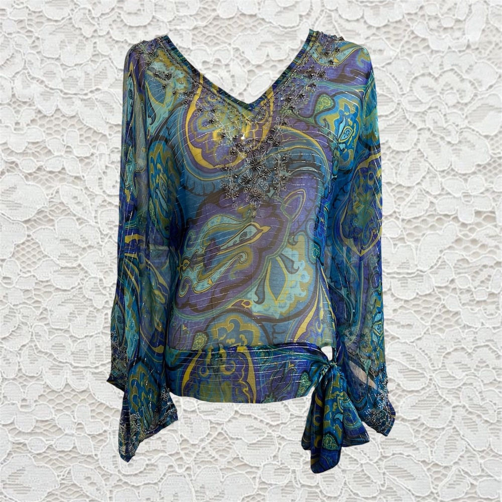 vintage cache silk beaded paisley patterned batwing long sleeve top